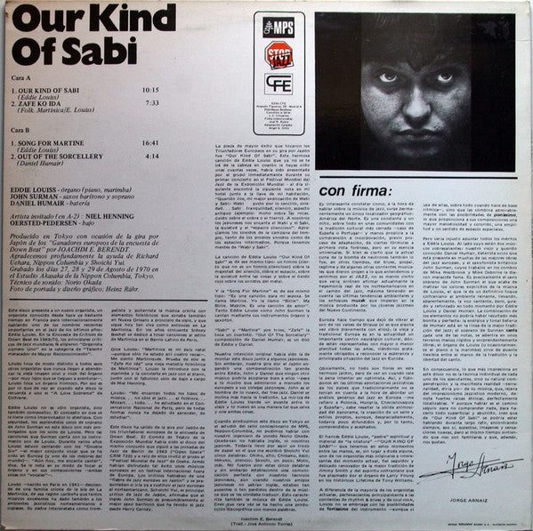 Image of Back Cover of LP - G+/VG+ - EDDIE LOUISS � JOHN SURMAN � DANIEL HUMAIR, Our Kind Of Sabi (MPS Records; JS-038, Spain 1981 Reissue), Label variant. With label insert. Heavy edge wear and sticker damage on front of sleeve.,  - 4146212S