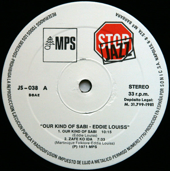 Image of Label Cover of LP - G+/VG+ - EDDIE LOUISS � JOHN SURMAN � DANIEL HUMAIR, Our Kind Of Sabi (MPS Records; JS-038, Spain 1981 Reissue), Label variant. With label insert. Heavy edge wear and sticker damage on front of sleeve.,  - 4146212S