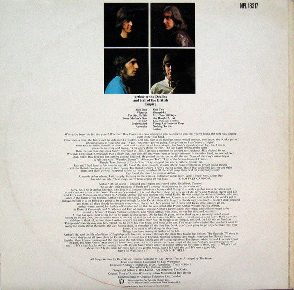 Image of Back Cover of 3924026E: LP - THE KINKS, Arthur Or The Decline And Fall Of The British Empire (Pye Records - B&W label; NPL 18317, UK 1980 Reissue, Front Laminated) Vinyl is lovely and glossy. Sleeve has very slight ringwear visible on back and a few small creases to laminate.   VG+/VG+