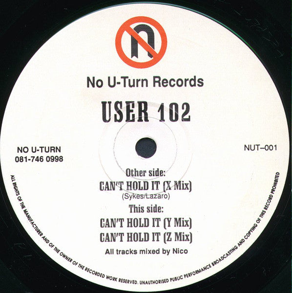 Image of Front Cover of 12" - /VG - USER 102, Can't Hold It (Ace of Clubs; NUT�001, UK 1992), light marks only,  - 4346347S