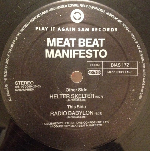 Image of Label Cover of 12" - VG/VG - MEAT BEAT MANIFESTO, Helter Skelter / Radio Babylon (Play It Again Sam; PIAS172, Europe 1990, Picture Sleeve), light marks only. few signs of wear to sleeve - 2cm split on spine and top edge,  - 2346098S