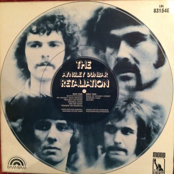 Image of Back Cover of LP - VG/VG - THE AYNSLEY DUNBAR RETALIATION, The Aynsley Dunbar Retaliation (Liberty Blue; LBL83154E, UK 1968, Laminated Sleeve, Mono), Tape Residue On Seams And Spine,  - 4226305E