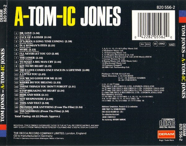 Image of Back Cover of 3934079E: CD - TOM JONES, A-tom-ic Jones (Deram; 820 556-2, Europe 1989, Jewel Case)   VG+/VG+