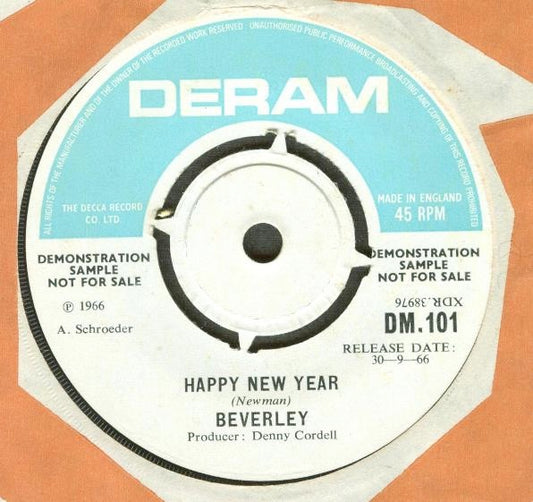 Image of Front Cover of 3914422C: 7" - BEVERLEY, Happy New Year (Deram; DM.101, UK 1966, Company Sleeve, Promo) Centre intact. Clean labels. Strong VG+  VG/VG+