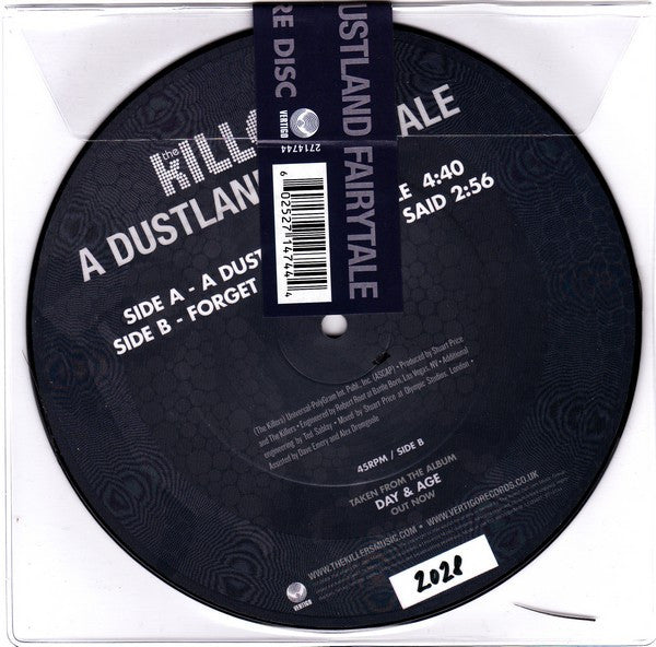 Image of Back Cover of 3924254E: 7" - THE KILLERS, A Dustland Fairytale / Forget About What I Said (Vertigo ; 2714744, UK 2009, Stickered Plastic Sleeve, Picture Disc, Numbered Limited Edition) Unbroken Seal, Limited Edition Number 0055, Promo Sticker On Barcode  EX/M