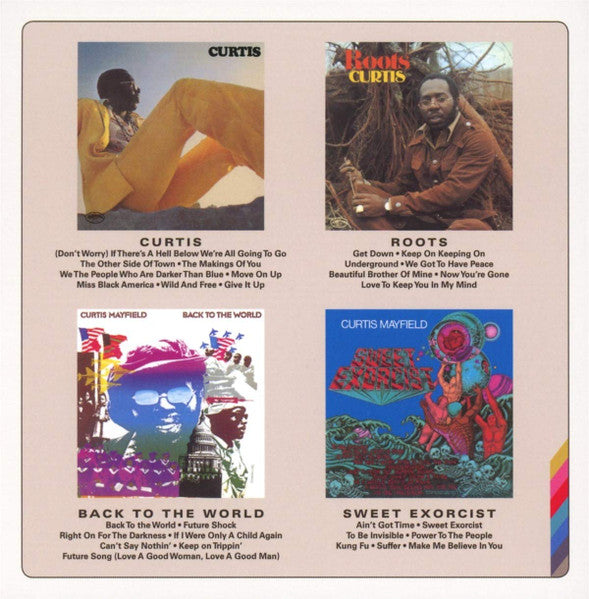 Image of Back Cover of 3735089E: 4xCD - CURTIS MAYFIELD, Keep On Keeping On: Curtis Mayfield Studio Albums 1970-1974 (Rhino Records; R2 573931, USA & Europe 2019, Box Set, 4 Gatefold Cover Replicas) Nice copy showing minimal sign of use.  VG+/VG+