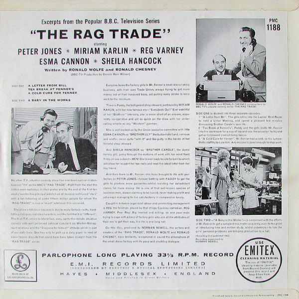 Image of Back Cover of 3924009E: LP - PETER JONES (10), MIRIAM KARLIN, REG VARNEY, ESMA CANNON, SHEILA HANCOCK, The Rag Trade (Parlophone; PMC 1188, UK 1962, Insert)   VG/VG+