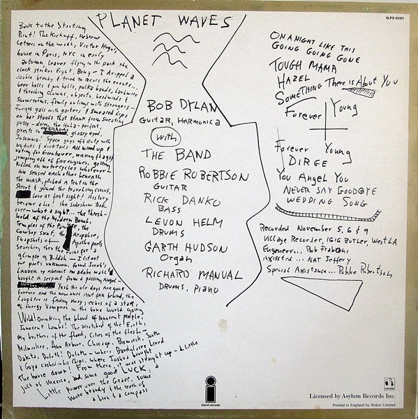 Image of Back Cover of 3944232S: LP - BOB DYLAN, Planet Waves (Island Records; ILPS 9261, UK 1974, NO Wraparound)   VG/VG+