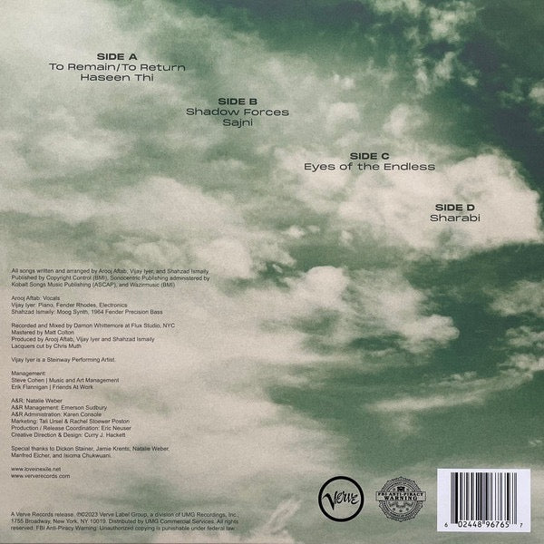 Image of Back Cover of 3914637C: 2xLP - AROOJ AFTAB, VIJAY IYER, SHAHZAD ISMAILY, Love In Exile (Verve Records; B0037176-01, UK, Europe & US 2023, Gatefold)   EX/EX