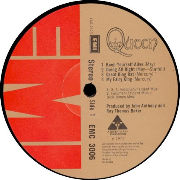 Image of Label Cover of LP - G+/VG - QUEEN, Queen (EMI; EMC 3006, UK 1973, Dick James credit on Side 1.), Ring Wear, Tape On Sleeve Corners,  - 1526187E