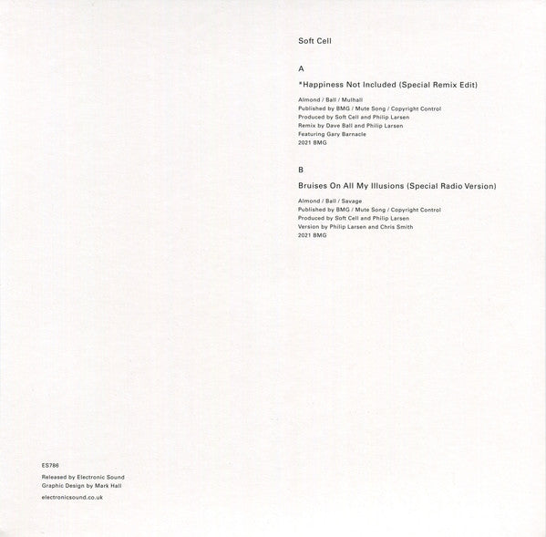 Image of Back Cover of 3924214E: 7" - SOFT CELL, Happiness Not Included / Bruises On All My Illusions (Electronic Sound ; ES786, UK 2022, Picture Sleeve, Purple Vinyl, No Magazine) SEALED  EX/M