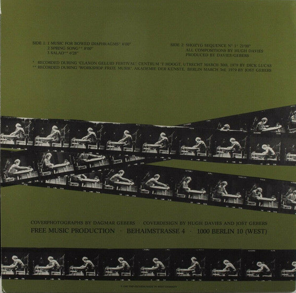 Image of Back Cover of 4044005S: LP - HUGH DAVIES, Shozyg Music For Invented Instruments (FMP; SAJ-36, Germany 1982, Inner) Top of sleeve is peeling, lots of light marks on both sides, visually G+ but plays like a VG+, only light surface noise.  G+/G+