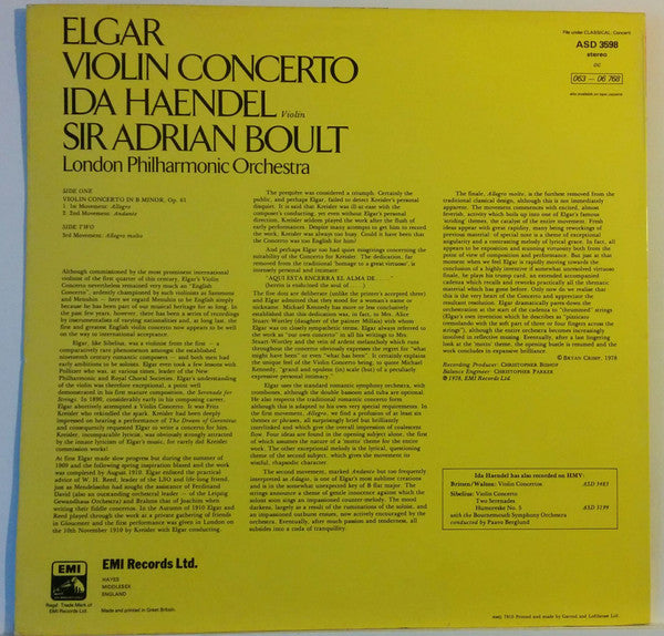 Image of Back Cover of 4724368E: LP - IDA HAENDEL, SIR ADRIAN BOULT, Elgar: Violin Concerto (HMV Red, Black and White Nipper Box; ASD 3598, UK 1978, Laminated Sleeve) Ring Wear  VG+/VG+