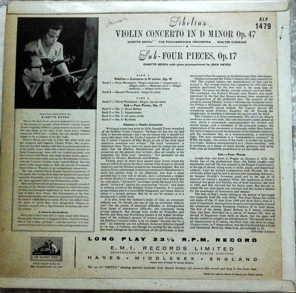 Image of Back Cover of 4024001E: LP - GINETTE NEVEU, Sibelius: Violin Concerto, Suk: Four Pieces (HMV Red and Gold, Semi-Circular Nipper Box; ALP 1479, UK 1957, Laminated Straight Flipback Sleeve) Strong VG, Light Marks, Minor Ring and Edge Wear  VG/VG