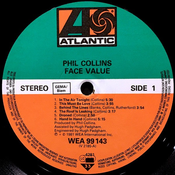 Image of Back Cover of 4014085C: LP - PHIL COLLINS, Face Value (Atlantic; WEA 99 143, Europe 1980s Reissue, Gatefold, Company Insert) Mid Price sticker on sleeve.  VG+/VG+