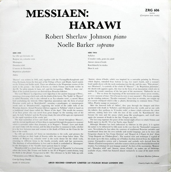 Image of Back Cover of 4024004E: LP - NOELLE BARKER, ROBERT SHERLAW JOHNSON, Messiaen: Harawi (Argo; ZRG 606, UK 1969)   VG+/VG+