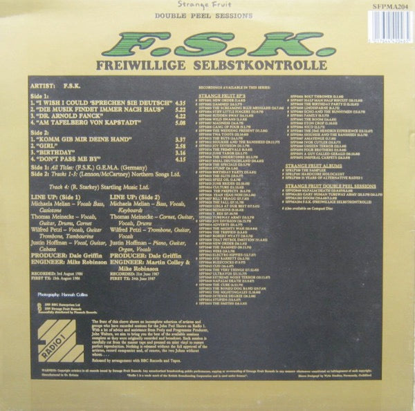 Image of Back Cover of LP - VG+/VG+ - F.S.K., Double Peel Sessions (Strange Fruit; SFPMA 204, UK 1989), ,  - 3226275E