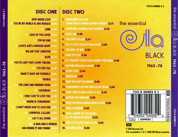 Image of Back Cover of 4034080E: 2xCD - CILLA BLACK, The Essential Cilla Black 1963-1978 (EMI; 7243 5 20403 2 2, Australia 1999, Jewel Case)   VG+/VG+