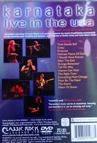 Image of Back Cover of 4035085E: DVD - KARNATAKA, Live In The USA (Classic Rock Legends; CRL 1083 PAL, Germany 2003, DVD Case) Disc is marked   VG+/G