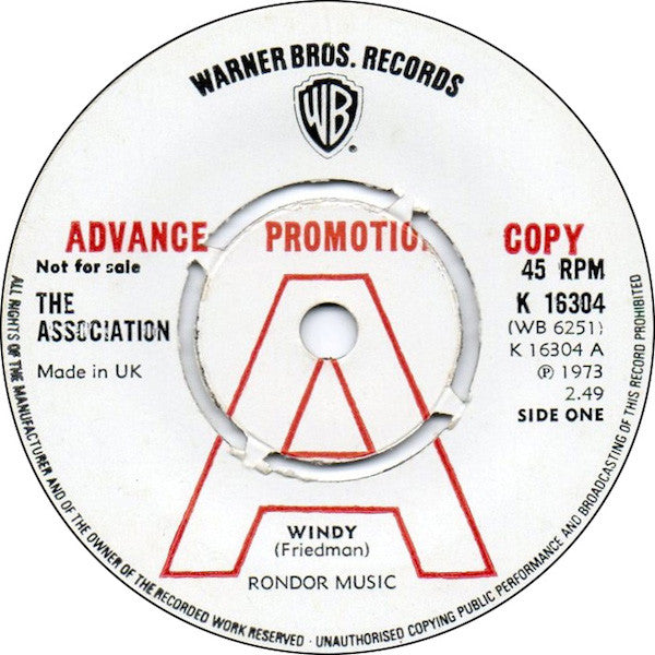 Image of Front Cover of 4014263C: 7" - THE ASSOCIATION, Windy (Warner Bros. Records; K 16304, UK 1973, Promo, Company Sleeve)   VG/VG