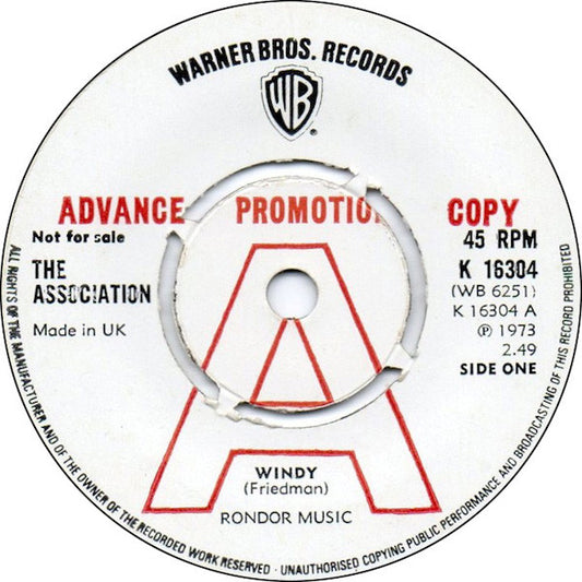 Image of Front Cover of 4014263C: 7" - THE ASSOCIATION, Windy (Warner Bros. Records; K 16304, UK 1973, Promo, Company Sleeve)   VG/VG