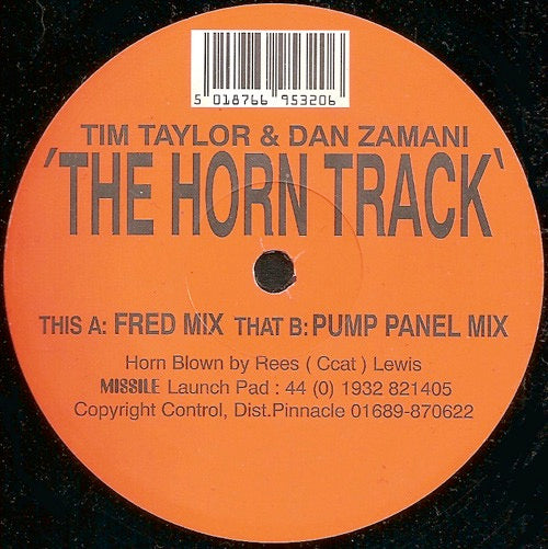 Image of Front Cover of 12" EP - G/VG - TIM TAYLOR & DAN ZAMANI, The Horn Track (Missile Records ; Missile 7, UK 1995, Company Sleeve), Sleeve damaged and coming away at bottom edge / corner. Top edge also split and worn,  - 1416500C