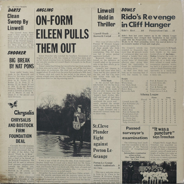 Image of Back Cover of LP - G+/VG - JETHRO TULL, Thick as a Brick (Chrysalis Green Without Island Rim Text; CHR 1003, UK 1973 Reissue, Fold Out Newspaper Sleeve, Porky / Pecko Matrix), Paper sleeve intact but a few small nicks and tears with some foxing, Light marks only to disc. ,  - 1616108C