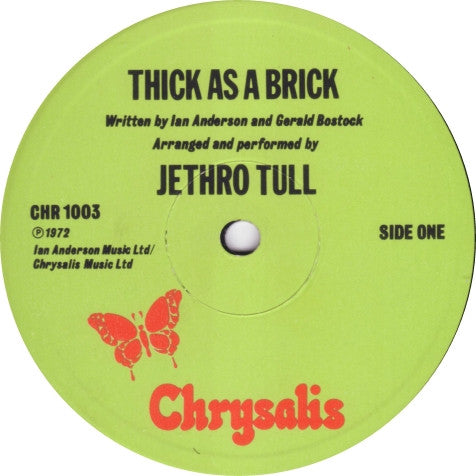 Image of Label Cover of LP - G+/VG - JETHRO TULL, Thick as a Brick (Chrysalis Green Without Island Rim Text; CHR 1003, UK 1973 Reissue, Fold Out Newspaper Sleeve, Porky / Pecko Matrix), Paper sleeve intact but a few small nicks and tears with some foxing, Light marks only to disc. ,  - 1616108C