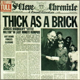 Image of Front Cover of LP - G+/VG - JETHRO TULL, Thick as a Brick (Chrysalis Green Without Island Rim Text; CHR 1003, UK 1973 Reissue, Fold Out Newspaper Sleeve, Porky / Pecko Matrix), Paper sleeve intact but a few small nicks and tears with some foxing, Light marks only to disc. ,  - 1616108C