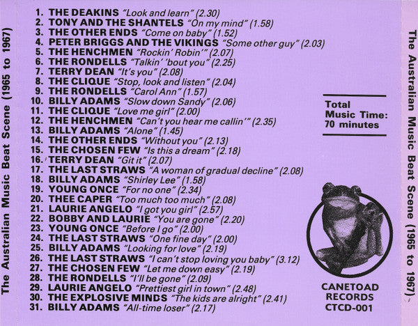 Image of Back Cover of 4054053S: CD - VARIOUS, The Australian Music Beat Scene (1965 To 1967) (Canetoad Records ; CTCD-001, Australia )   VG+/VG+