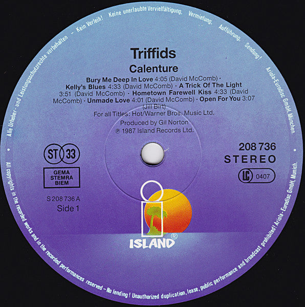 Image of Label Cover of LP - VG/VG - THE TRIFFIDS, Calenture (Island Records; 208 736, Europe 1987, Inner), hairlines, edge wear, french promotional sticker on lower front cover,  - 3046293S