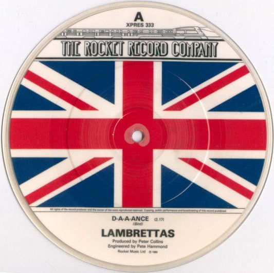 Image of Front Cover of 4014475C: 7" - LAMBRETTAS, D-a-a-ance (The Rocket Record Company; XPRES 333, UK 1980, Plain Sleeve, Red/Blue Union Jack Picture Disc With Clear Rim)   /VG