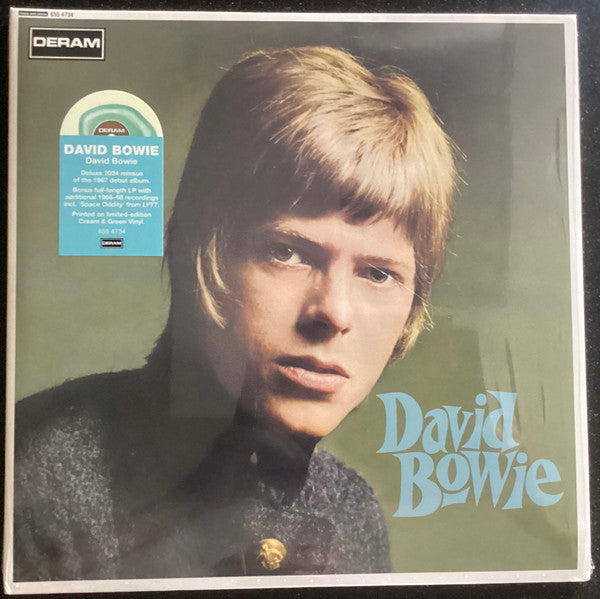 Image of Front Cover of 4044368S: 2xLP - DAVID BOWIE, David Bowie (Deram; 602465547368, Worldwide 2024 Reissue, Gatefold, 2 Inners, Cream & Green Swirl Vinyl) Opened Instore, Still In Shrinkwrap  VG+/VG+