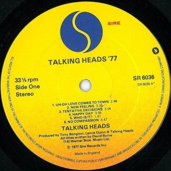 Image of Label Cover of LP - VG/VG - TALKING HEADS, 77 (Sire; SR6036, UK 1979 Reissue, No Inner), Light marks, edge wear,  - 3546284S