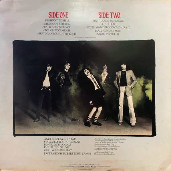 Image of Back Cover of LP - G+/VG - AC/DC, Highway To Hell (Atlantic; K 50628, UK 1979), Cover has a few taped edges. Very clean disc with a slightly warped edge, only audible at the run-in.,  - 3046139S