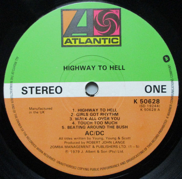 Image of Label Cover of LP - G+/VG - AC/DC, Highway To Hell (Atlantic; K 50628, UK 1979), Cover has a few taped edges. Very clean disc with a slightly warped edge, only audible at the run-in.,  - 3046139S