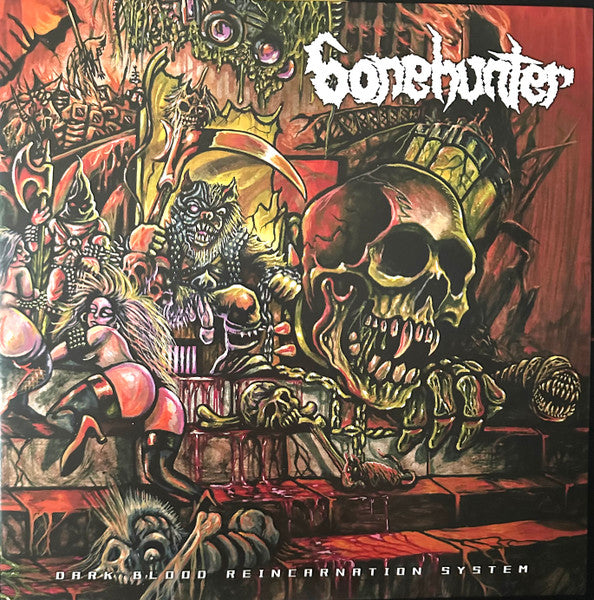 Image of Front Cover of 4044449S: LP - BONEHUNTER, Dark Blood Reincarnation System (Hells Headbangers; 2021 / HELLS LP 292, US 2022, Gatefold, Poster, Orange and Green Vinyl) In stickered plastic sleeve.  VG+/VG+