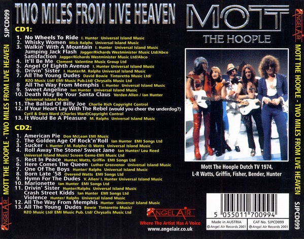 Image of Back Cover of 4014390C: CD - MOTT THE HOOPLE, Two Miles From Live Heaven (Angel Air; SJPCD099, UK 2001 Reissue, Double CD Case)   VG+/VG+