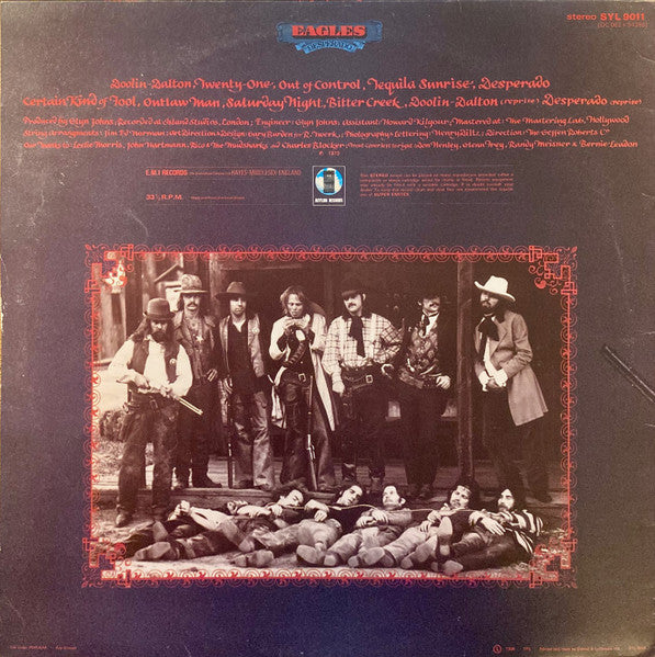 Image of Back Cover of LP - G/VG - EAGLES, Desperado (Asylum Records; SYL 9011, UK 1973, Gramophone Rimtext, "EAGLES SIDE ONE" matrix), Heavy ringwear and edgewear. Record has several marks. ,  - 4326119E