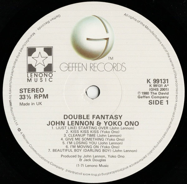 Image of Label Cover of LP - VG+/VG+ - JOHN LENNON & YOKO ONO, Double Fantasy (Geffen Records; K 99131, UK 1980, Inner, Europadisk Plating), ,  - 3116174C
