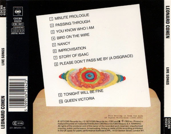 Image of Back Cover of 4114006C: CD - LEONARD COHEN, Live Songs (CBS; CDCBS 65224, Europe , Jewel Case)   VG+/VG+