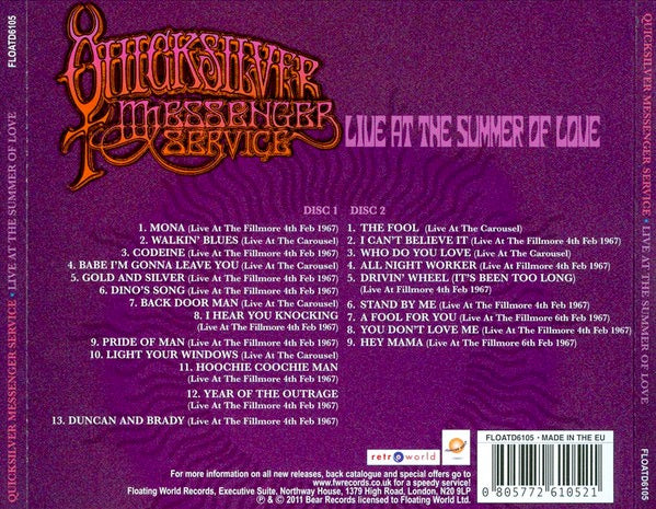 Image of Back Cover of 4114012C: 2xCD - QUICKSILVER MESSENGER SERVICE, Live At The Summer Of Love (Floating World; FLOATD6105, UK 2011 Reissue, Double CD Case)   VG+/VG+