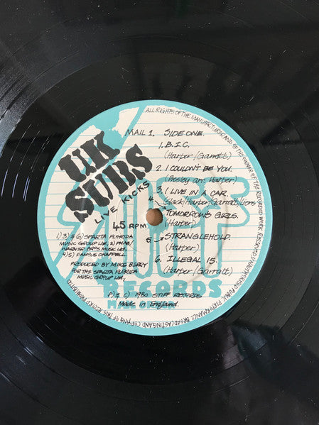 Image of Label Cover of Mini-LP - VG/G+ - U.K. SUBS, Live Kicks (Stiff Records; MAIL 1, UK 1980), Hairline marks and some mottling, Light sleeve wear only,  - 3116073C