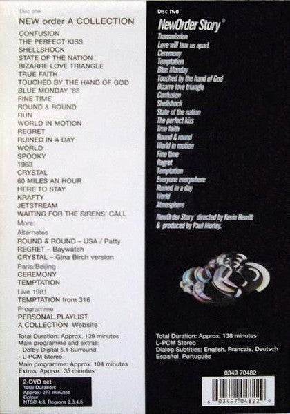 Image of Back Cover of 3335013E: 2xDVD - NEW ORDER, Item (A Collection & New Order Story) (Warner Music Vision; 0349 70482-2, UK 2005, Card Slipcase., Booklet, Documentary, Interviews, Live Footage, alternate versions.) New Order Story is sealed  VG+/VG+