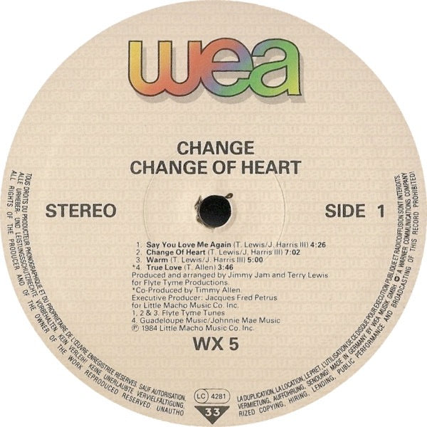 Image of Label Cover of LP - VG/VG+ - CHANGE, Change Of Heart (WEA; WX 5, UK 1984), ,  - 3626192E