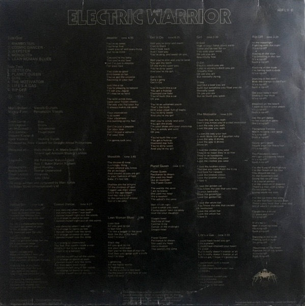 Image of Back Cover of LP - G+/G+ - T. REX, Electric Warrior (Fly Records; HIFLY 6, UK 1971, E.J. Day Sleeve, Inner, NO Poster, Except Campbell Connelly on label.), ,  - 2526125E