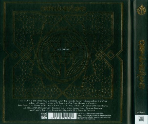 Image of Back Cover of 4054148S: CD - ORPHANED LAND, All Is One (Century Media ; 9983520, UK & Europe 2013)   VG+/VG+