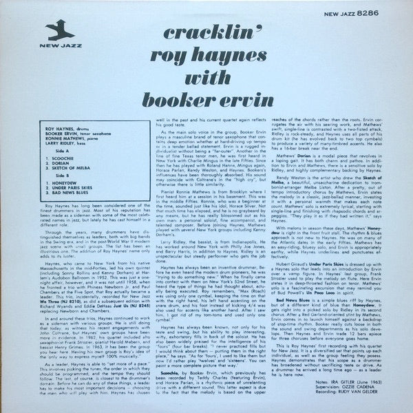 Image of Back Cover of 4114259C: LP - ROY HAYNES WITH BOOKER ERVIN, Cracklin' (Wave Jazz Classics; WJC-8286, Japan 1990 Reissue, Insert, Stereo) Sleeve has some ring wear with stickered plastic outer (ripped)  VG/G+