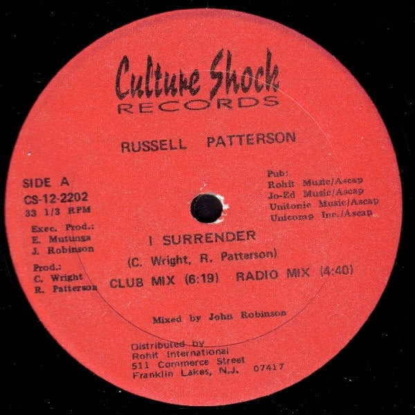 Image of Front Cover of 4114338C: 12" - RUSSELL PATTERSON, I Surrender (Culture Shock Records; CS-12-2202, US 1987) Record very slightly dished with light storage marks, but plays well  /VG