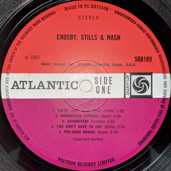 Image of Label Cover of LP - VG/G+ - CROSBY, STILLS & NASH, Crosby, Stills & Nash (Atlantic Plum & Orange; 588189, UK 1969, Textured Gatefold Sleeve, No Insert, NO MCPS under copright control at bottom of label.), Light marks only, Edge wear to sleeve,  - 4016264C